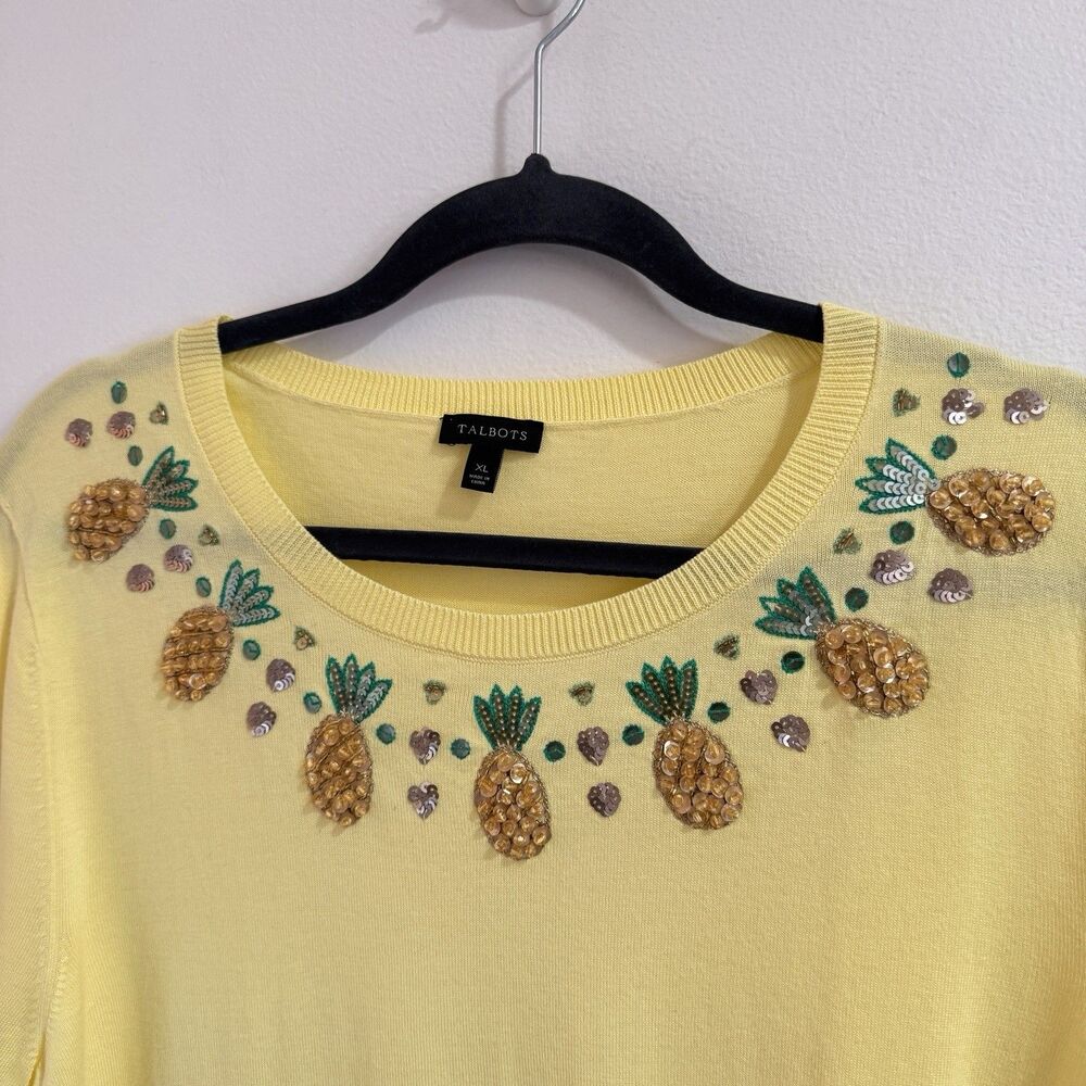 Talbots Sweater XL Yellow Pineapples Sequins Cotton Knit Stretch Crewneck - Picture 2 of 8
